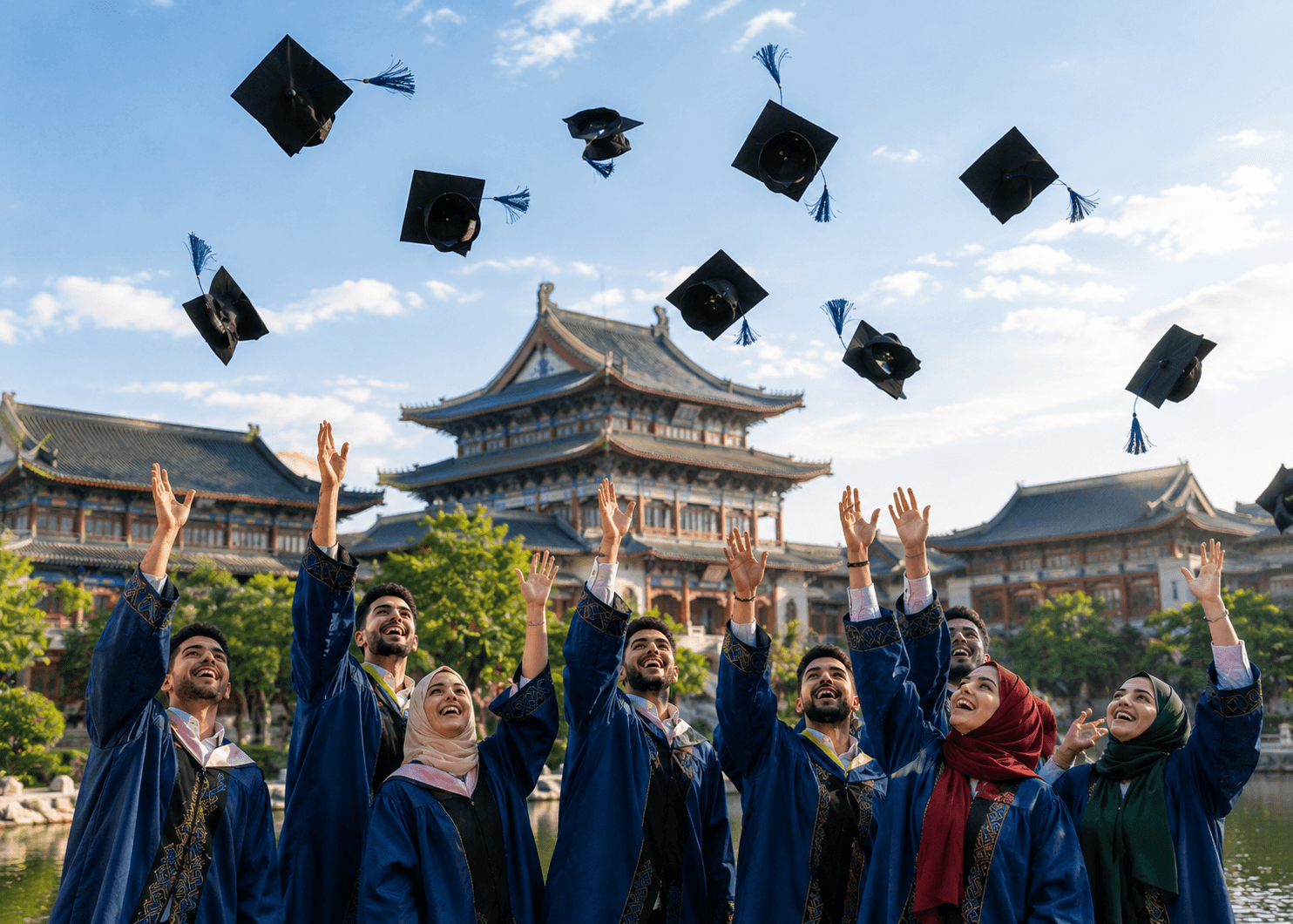 Diplômés marocains célébrant sur un campus universitaire chinois
